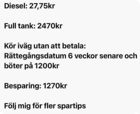 Skärmklipp med en tabell som jämför kostnaden för diesel, en full tank, och böter, inklusive spartips.