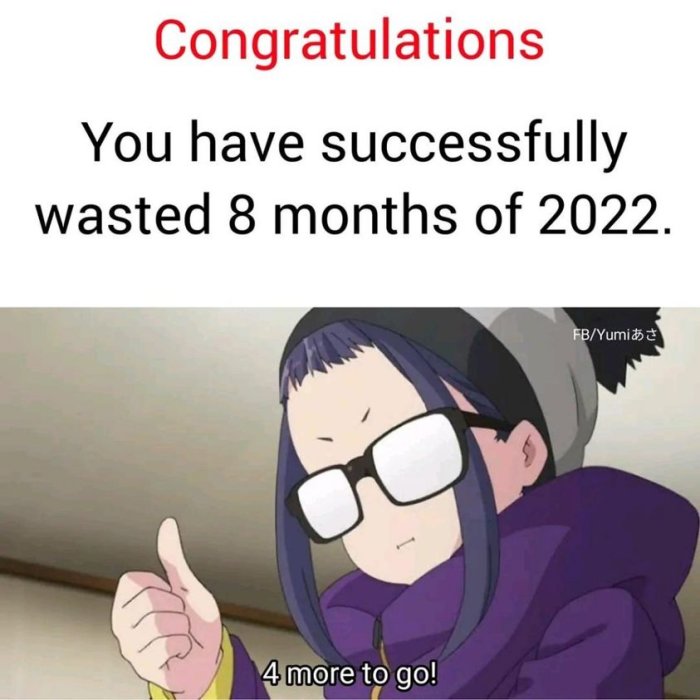 Animerad figur med solglasögon ger tummen upp med humoristisk text om att ha slösat bort 8 månader av året.