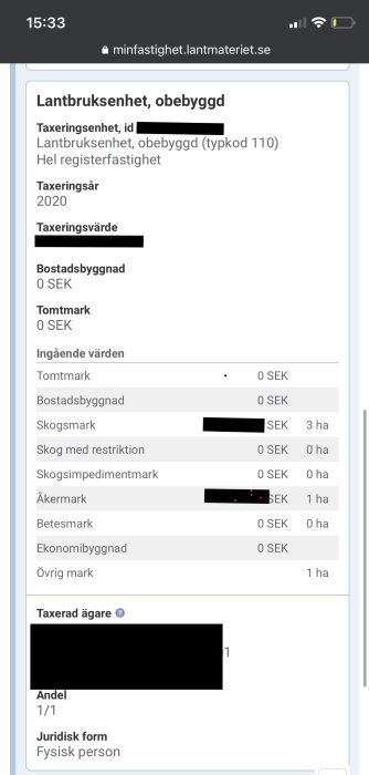 Skärmdump av en taxeringsinformationssida för en obebyggd lantbrukstomt från Lantmäteriet.