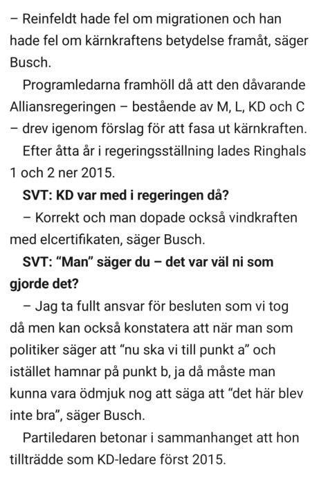 Skärmdump av text från en intervju där Ebba Busch diskuterar tidigare politiska beslut om migration och kärnkraft.