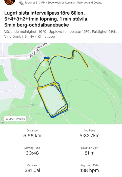 Skärmklipp av en träningsapp som visar löprunda med statistik: distans 5.56 km, tid 30:48, höjdvinst 81 m.