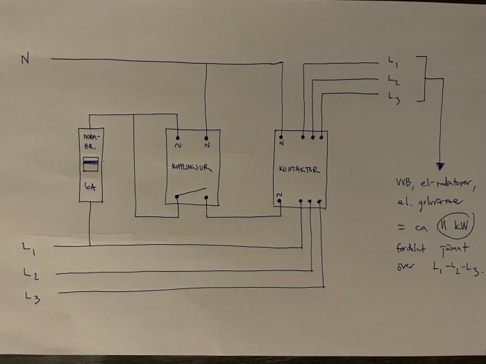 Handritad schematisk elritning för koppling av normbrytare, kopplingsur och kontaktor med noterade ledningar och kW-beräkning.