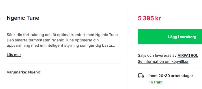 Skärmdump av Ngenic Tune produktinformation och pris 5395 kr med "Lägg i varukorg" knapp.