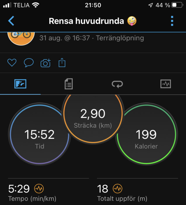 Skärmdump av löpaktivitet med tids-, distans- och kaloristatistik från en sportapp.