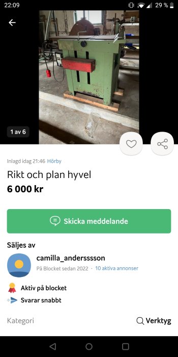 Grön rikt- och planhyvelmaskin, en ejca l38, i ett verkstadsutrymme.