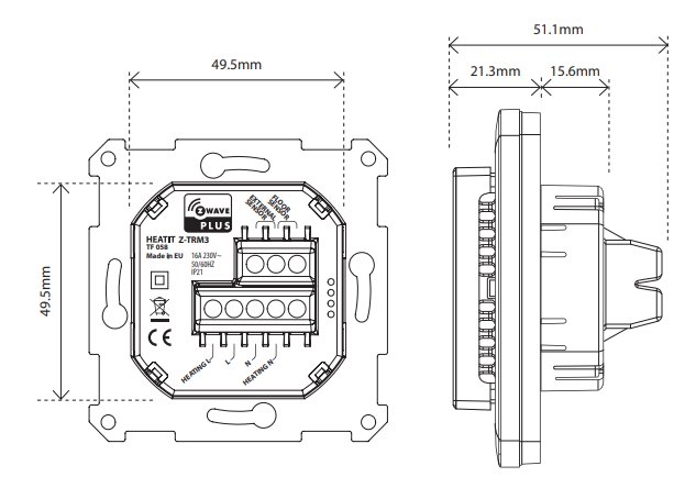 Teknisk ritning av en väggmonterad värmetermostat med tydliga dimensioner i millimeter.