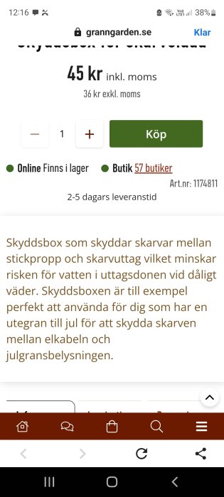 Skärmdump från Granngården hemsida som visar produktinformation för en skyddsbox för elektriska uttag.