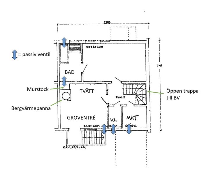 Ritning av husets planlösning med markerade passiva ventiler, mursstock och värmepanna.