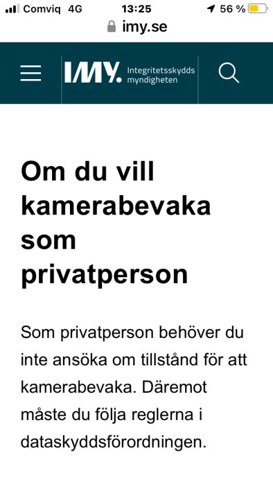 Skärmdump av IMY:s webbsida om regler för kamerabevakning som privatperson.