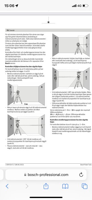 Instruktionsbilder för att kontrollera höjd och nivelering av en laser på byggplats.