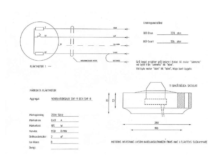 Teknisk ritning av SVAB fläkt modell SVF-9 med mått och elkopplingsschema.