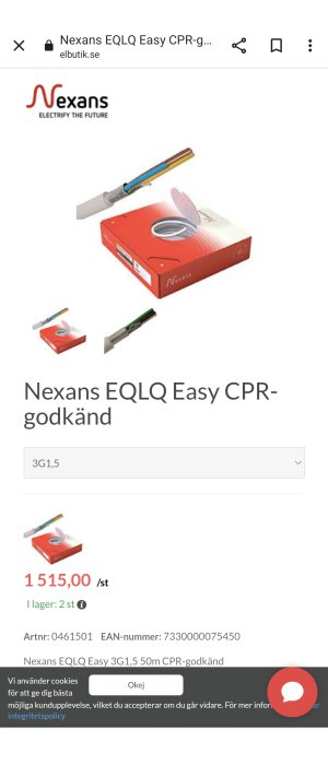 50m rulle av Nexans EQ LQ Easy 3G1,5 kabel i förpackning, med pris och artikelinformation.