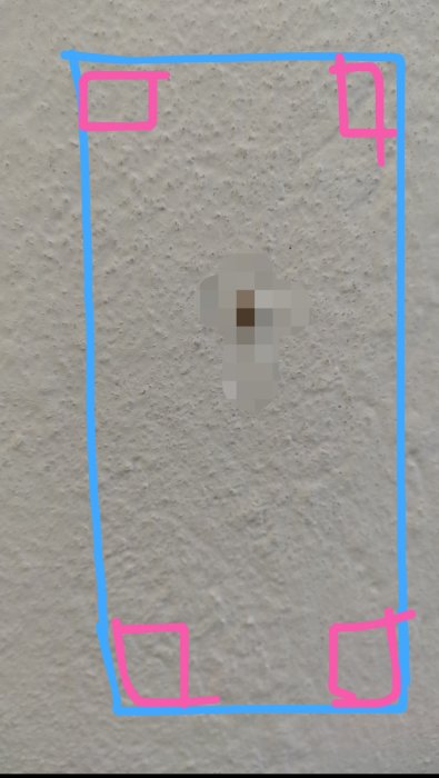 Illustration på en vägg med markerade hörn och en central genomskärning för kablar vid montering av väggskåp.