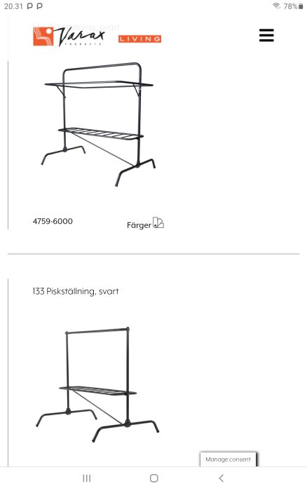 Två svarta torkställningar från Varax Living, övre bild visar modellnummer 4759-6000, undre visar 133 Piskställning.