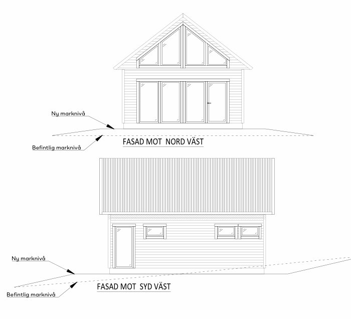 Ritningar av husets nordvästra och sydvästra fasader med marknivåangivelser.