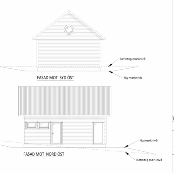 Ritningar som visar fasaderna mot sydöst och nordöst av ett hus där marknivån har justerats.