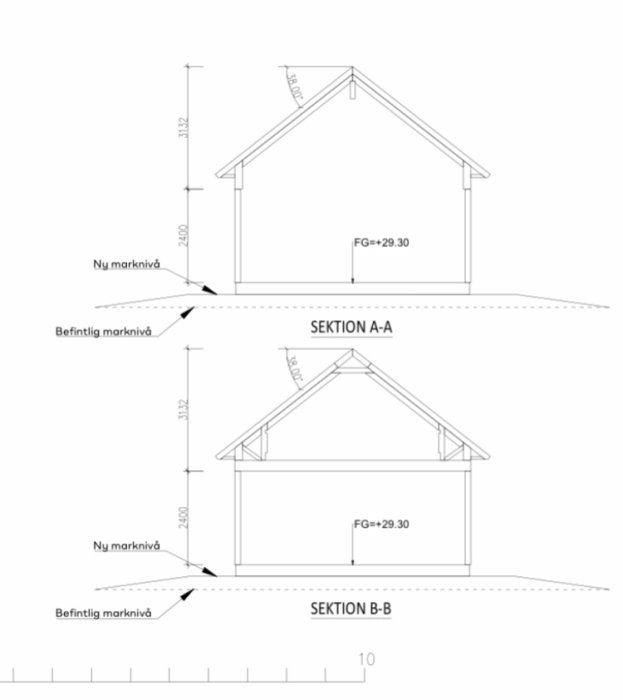 Två ritningar över sektioner A-A och B-B av ett hus, visar befintlig och ny marknivå med måttangivelser.