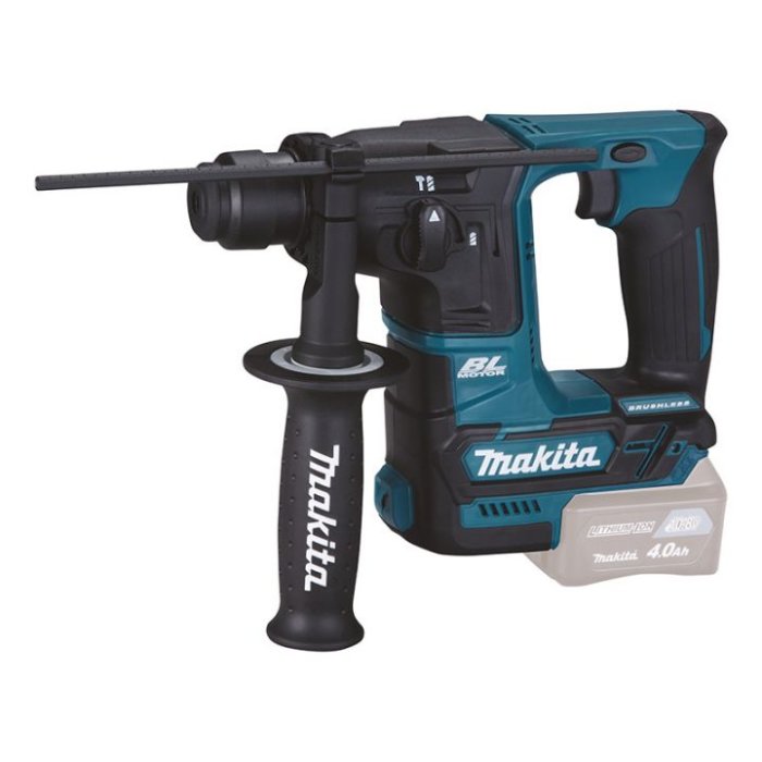 Makita borrhammare HR166DZ, 12V, blå och svart med batteri och handtag, på vit bakgrund.