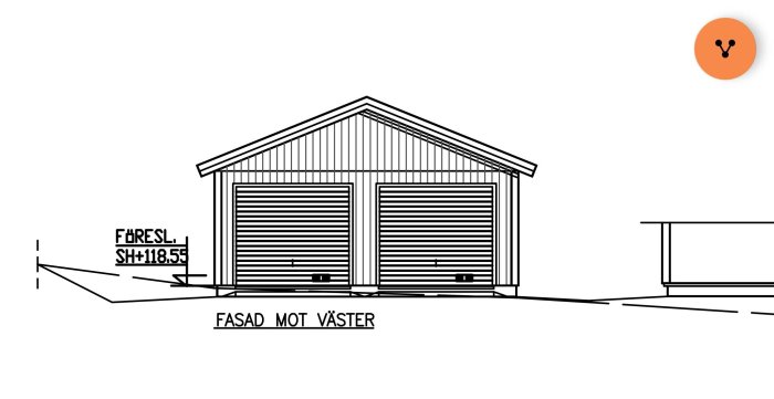 Arkitektritning av ett garage med två portar och texten "Fasad mot väster" samt höjdmåttangivelse.