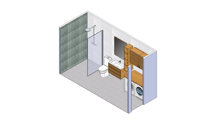 Isometrisk vy av ett badrumsdesignförslag med dusch, toalett, tvättställ och tvättmaskin.