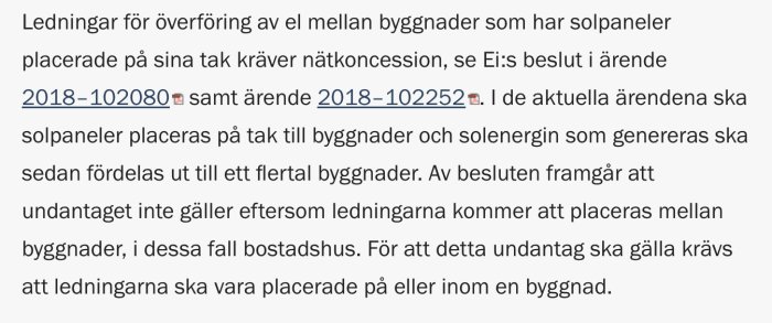 Text om koncessionskrav för elöverföring via ledningar mellan byggnader med solpaneler.