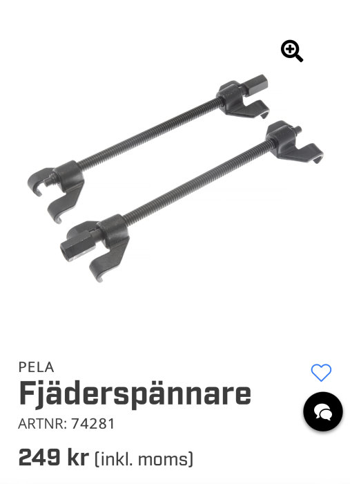 Ett par fjäderspännare av märket PELA med artikelnummer 74281, pris 249 kr inklusive moms.