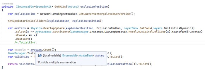 Skärmbild av kod i en IDE med syntaxmarkering, squiggly underlines och en tooltip som visar en varning.