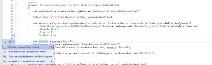 Skärmdump av kodredigerare med markeringar och förslag på kodrefaktorisering samt code completion.