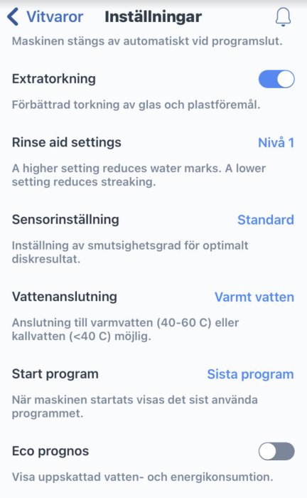 Skärmdump av inställningsmeny för diskmaskin med alternativ för extra torkning och sensorinställningar.