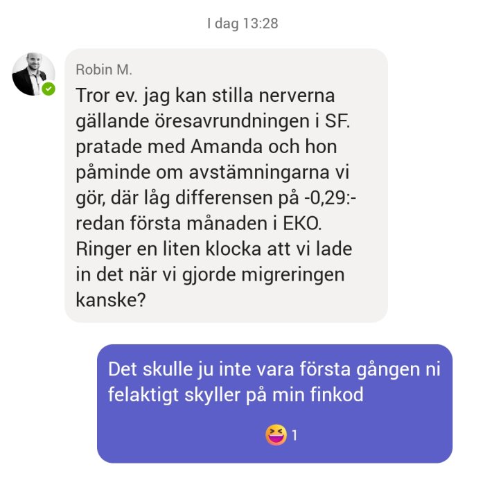 Skärmdump av en diskussionsforumtråd med text som berör öresavrundning och systemmigration.