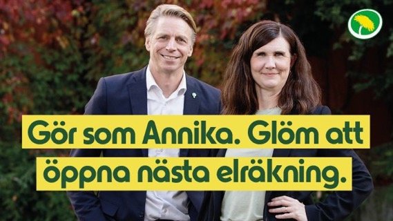 Leende man och kvinna framför buskage med text "Gör som Annika. Glöm att öppna nästa elräkning.