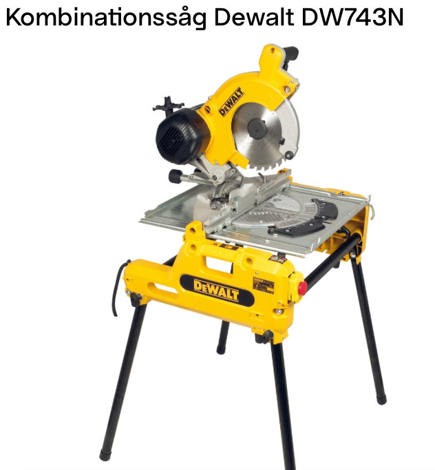 Kombinationssåg Dewalt DW743N på ställning med kap- och bordssågsfunktioner.