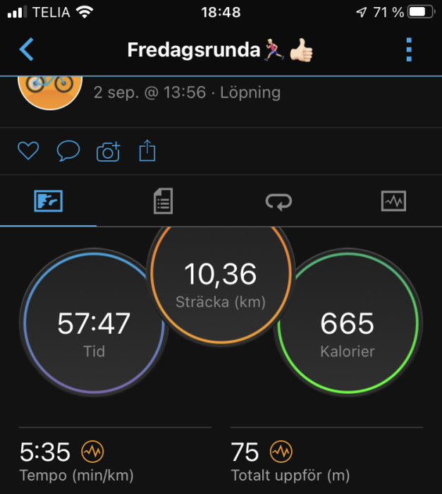 Skärmklipp av löpningsapp som visar sträcka 10,36 km, tid 57:47, förbrända kalorier 665 och andra löpstatistik.