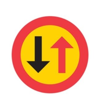 Svensk vägmärke för väjningsplikt med röd cirkel, gul bakgrund och svarta pilar.