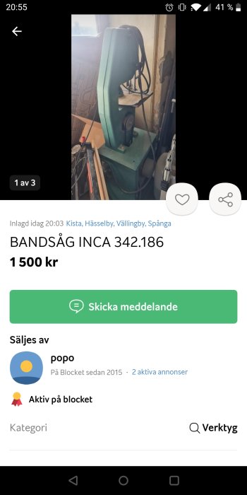 Bandsåg av märket INCA modell 342.186 i en verkstad, till salu för 1500 kr, bilden visar sågens framsida.