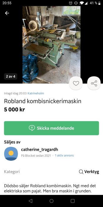 Robland kombisnickermaskin i en verkstadslokal, begagnad och säljs som defekt.