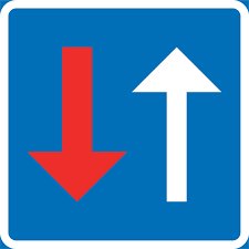 Trafikskylt med motsatta pilar, en röd nedåt och en vit uppåt, mot blå bakgrund.