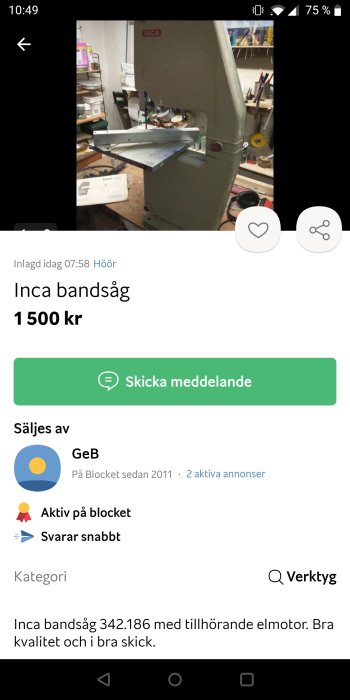 Inca bandsåg i en verkstad, synligt varumärke, med arbetsbänk och verktyg i bakgrunden.