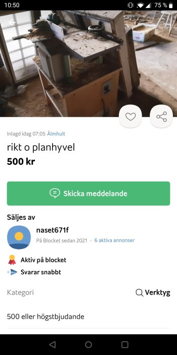 En använd Inca bandsåg och hyvelmaskin med spån i arbetsrum.