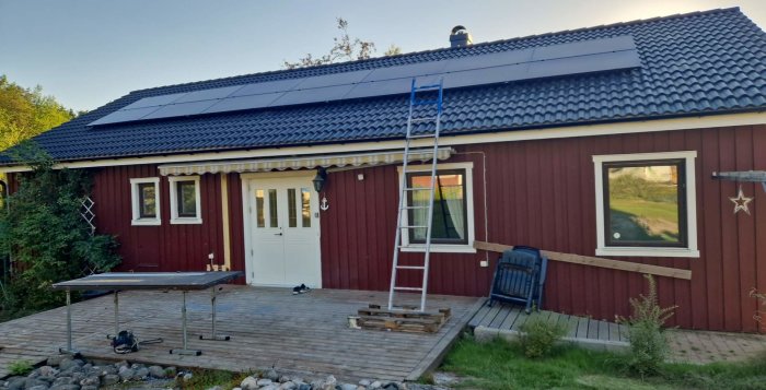 Solpaneler installerade på ett rött hustak, nära en ventilationstakhuv, med en stege lutad mot huset.