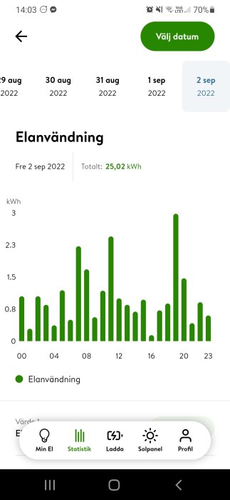 Elanvändningsdiagram i en app för den 2 september 2022 som visar förbrukning varje timme med nollförbrukning klockan 18-20.