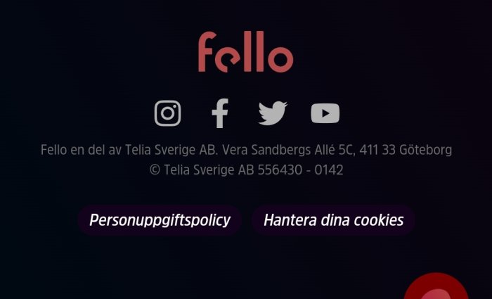 Logotyp för Fello med ikoner för sociala medier och adressinformation.