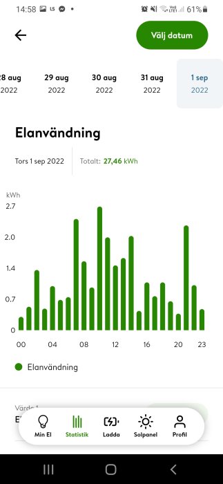 Elanvändningsdiagram som visar varierande förbrukning över en dag, även under frånvaro.