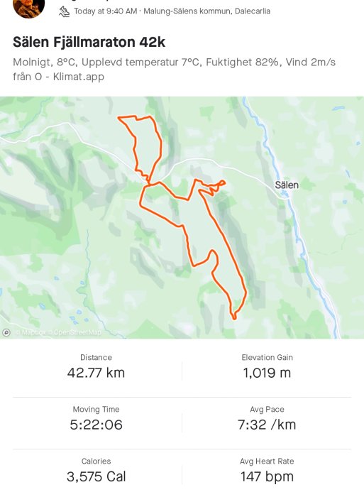 Karta som visar löprutt för Sälen Fjällmaraton 42k med statistik för distans och prestanda.