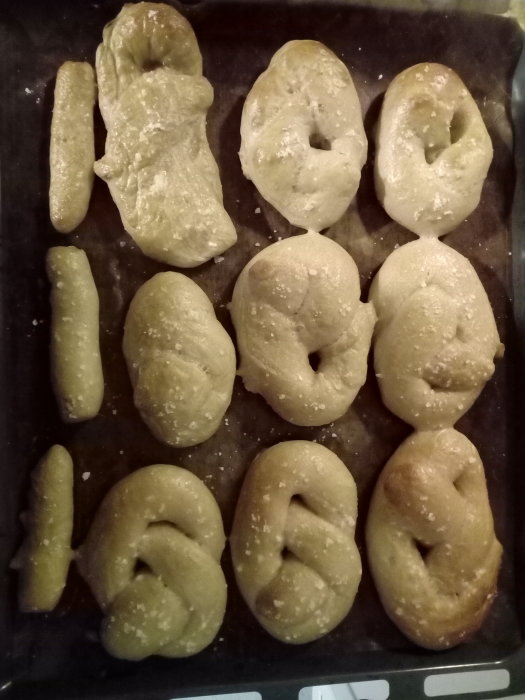 Hemgjorda pretzels på bakplåt, några ser undergräddade och ojämnt formade ut.