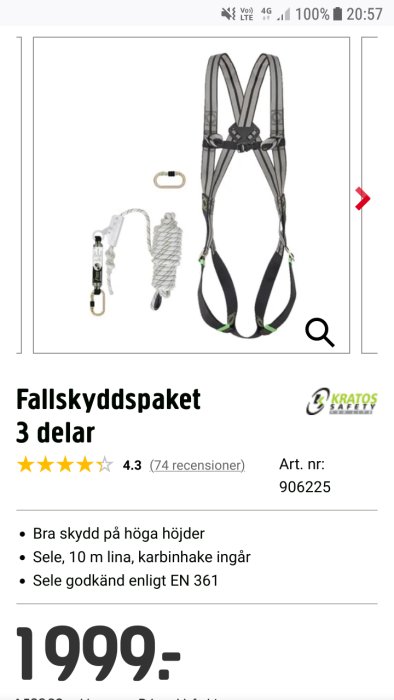 Fallsäkerhetspaket med sele, lina och karbinhake, oanvänt på grund av feber.