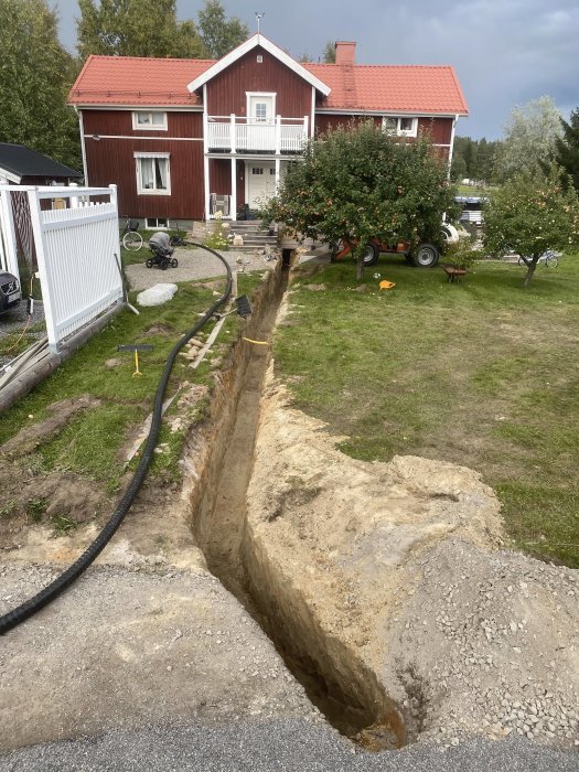 En lång, grävd kulvertgrav på en trädgård framför ett rött hus med vita knutar, leksaker synliga nära graven.