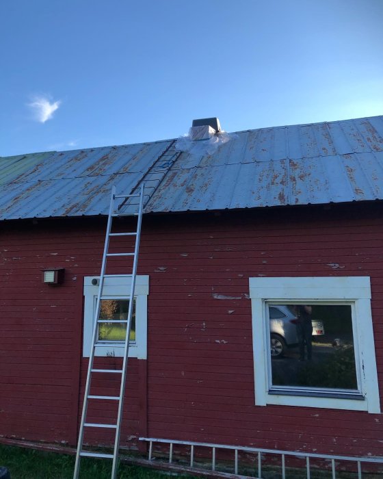 Rödmålad uthusvägg med en skorsten under renovering på det rostfärgade plåttaket, stegar lutade mot väggen.