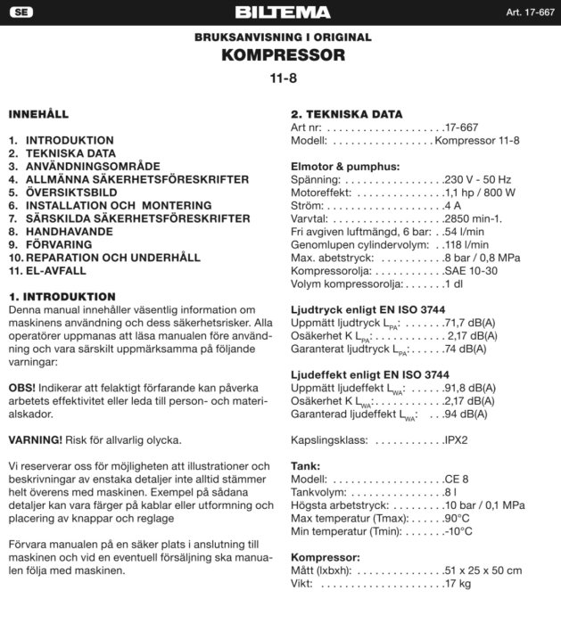 Sida ur bruksanvisning för Biltemas kompressor 11-8 med tekniska specifikationer.