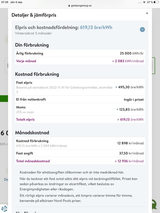 Skärmavbild av elpris och kostnadsfördelning från Göteborg Energi, med fokus på vinterelpris.